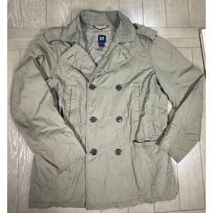 GAP Pea Coat Mens Large Olive Green Waxed Canvas Double Breasted Military Jacket